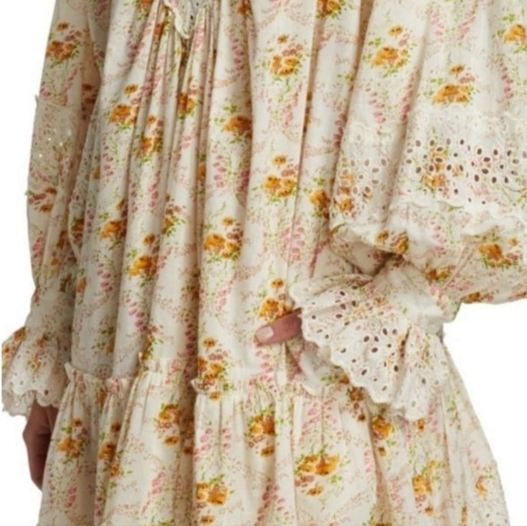 Ivory Floral Cotton V Neck Eyelet Trim Mini Dress in Wallpaper - Picture 9 of 12